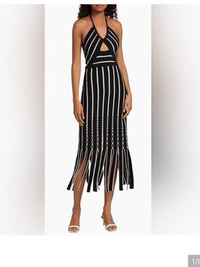 Ramy Brook Black and White Striped Fringed Midi Skirt
